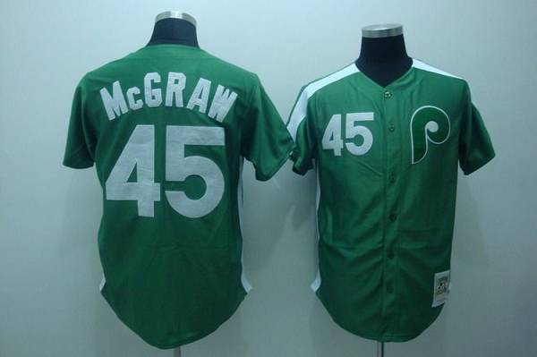 Mitchell and Ness Phillies #45 Tug Mcgraw Green Stitched Throwback MLB Jersey - Click Image to Close